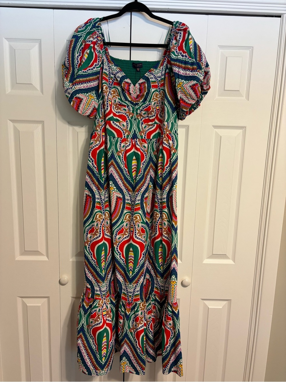 Skies Are Blue Green Multicolor Puff-Sleeve Maxi Dress